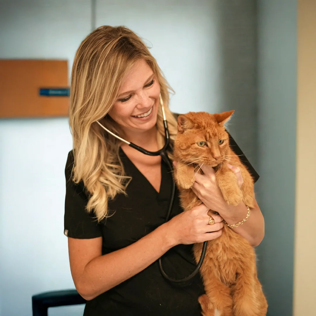 A smiling veterinarian, Dr. Brittany, listens to the heartbeat of an orange cat named Kevin using a stethoscope in a softly lit exam room.
