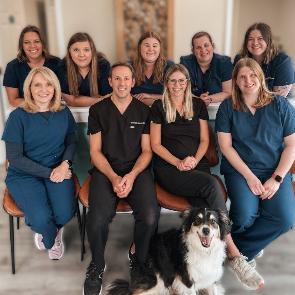 The team poses for a photo with their dog